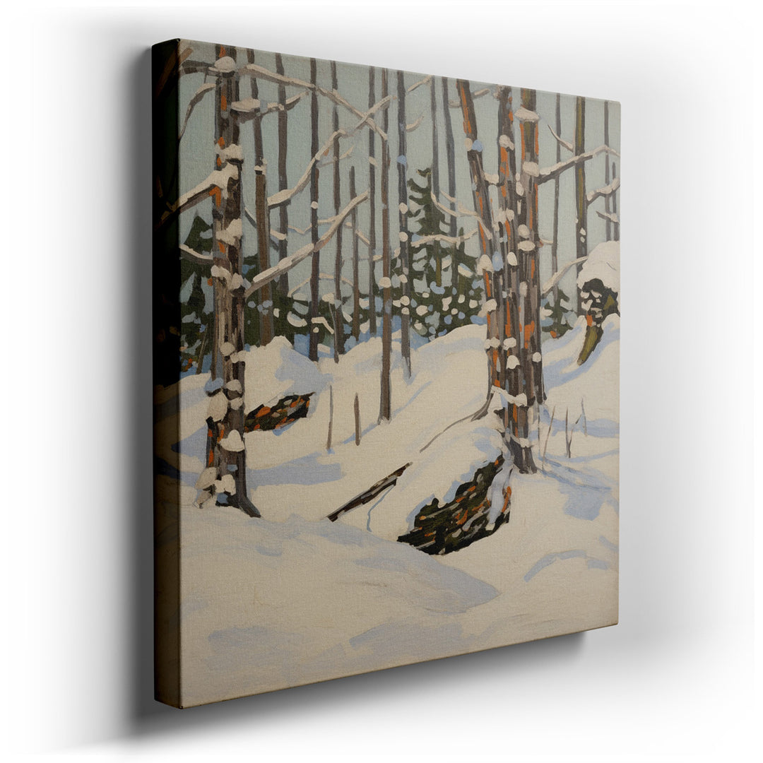 canvas print on wrapped canvas for wall decor – This wall art captures the essence of a tranquil winter landscape, where the serenity of a snowy expanse is depicted wit...