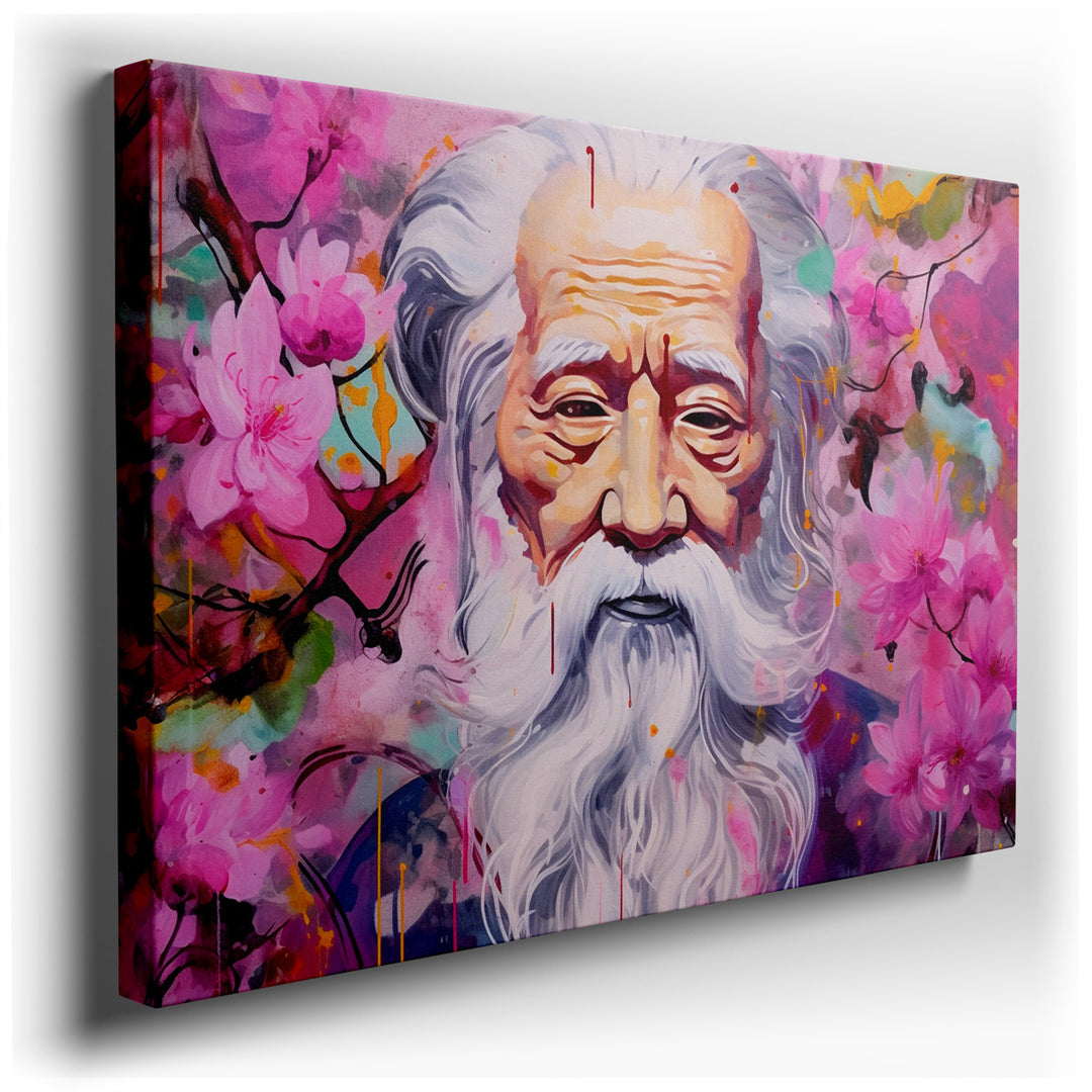 canvas print on wrapped canvas for wall decor – This exquisite wall art captures the essence of serene wisdom and the vibrant beauty of life through the portrait of an...