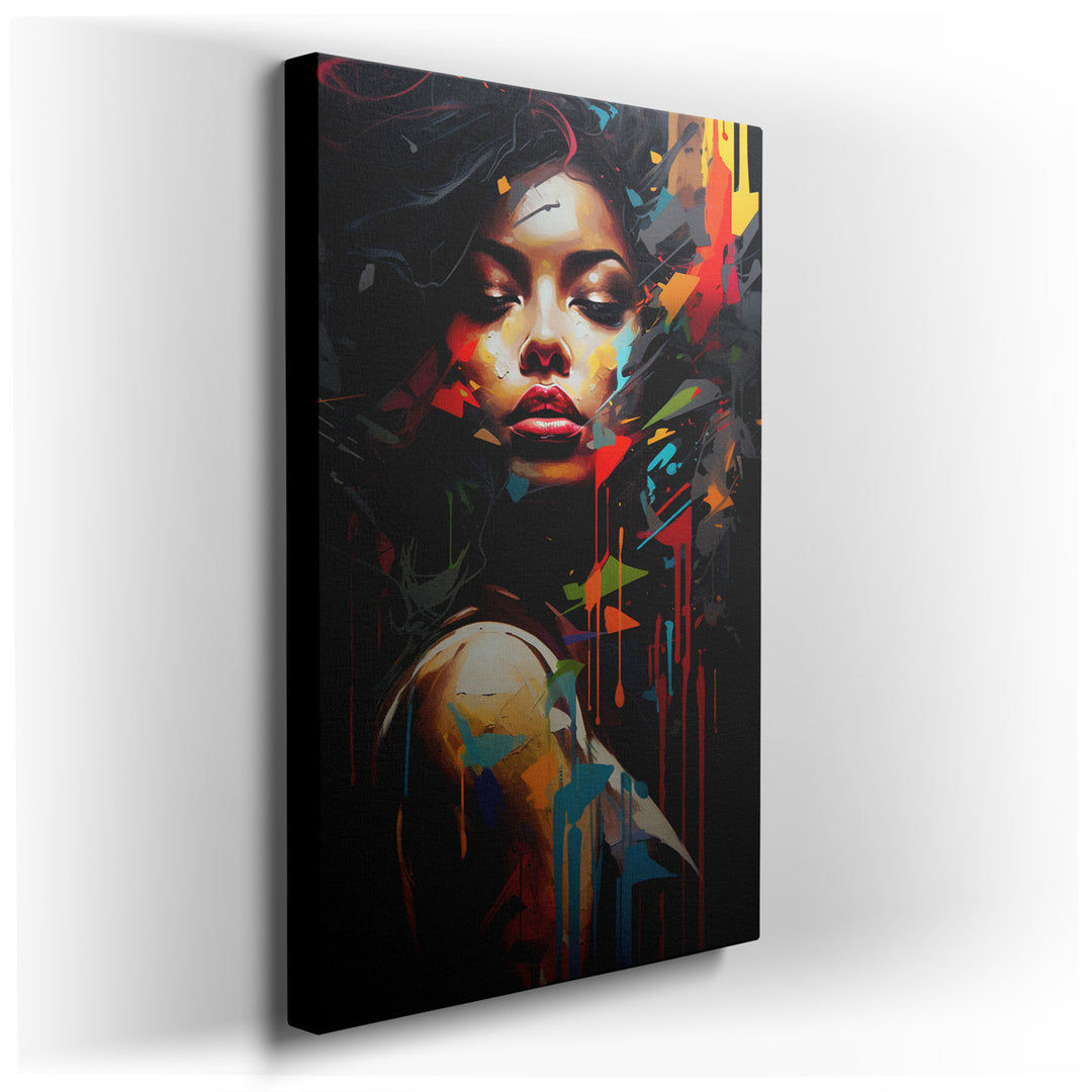 canvas print on wrapped canvas for wall decor – This remarkable wall art presents an evocative portrait of a woman, whose serene and composed expression forms a strikin...