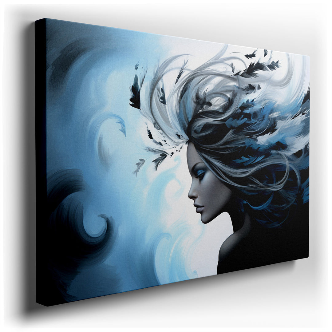 canvas print on wrapped canvas for wall decor – This exquisite wall art captures the serene profile of a woman, her features composed in a tranquil expression that seem...