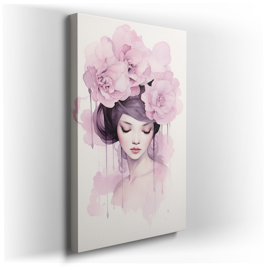 canvas print on wrapped canvas for wall decor – This enchanting wall art, a masterpiece of soft watercolor hues and delicate imagery, portrays a serene woman adorned wi...