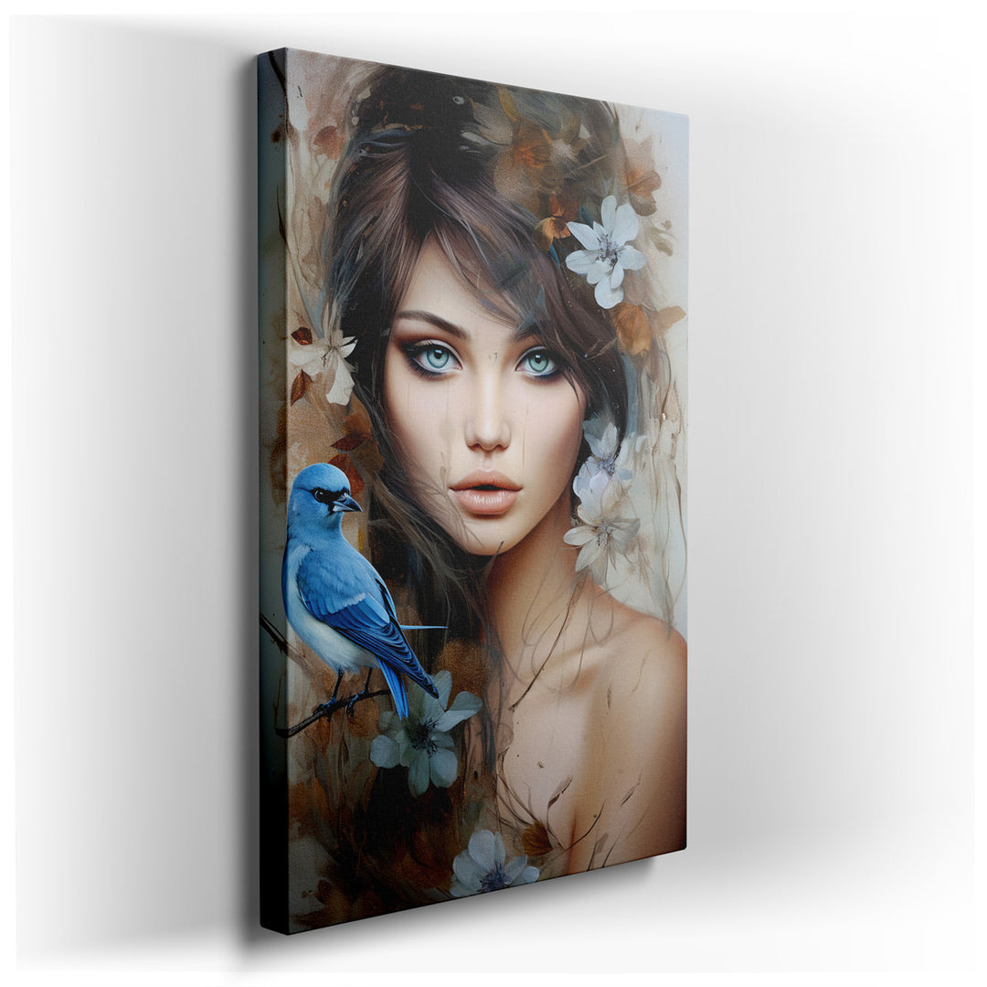 canvas print on wrapped canvas for wall decor – This wall art, a captivating portrait that masterfully intertwines the serene visage of a woman with the vibrant life fo...