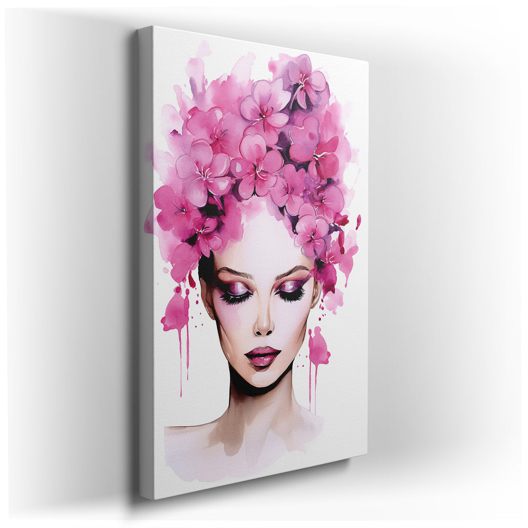 Serene Woman Surrounded by Soft Pink Flowers: A Peaceful Depiction of Natural Harmony - Large Canvas Wall Art for