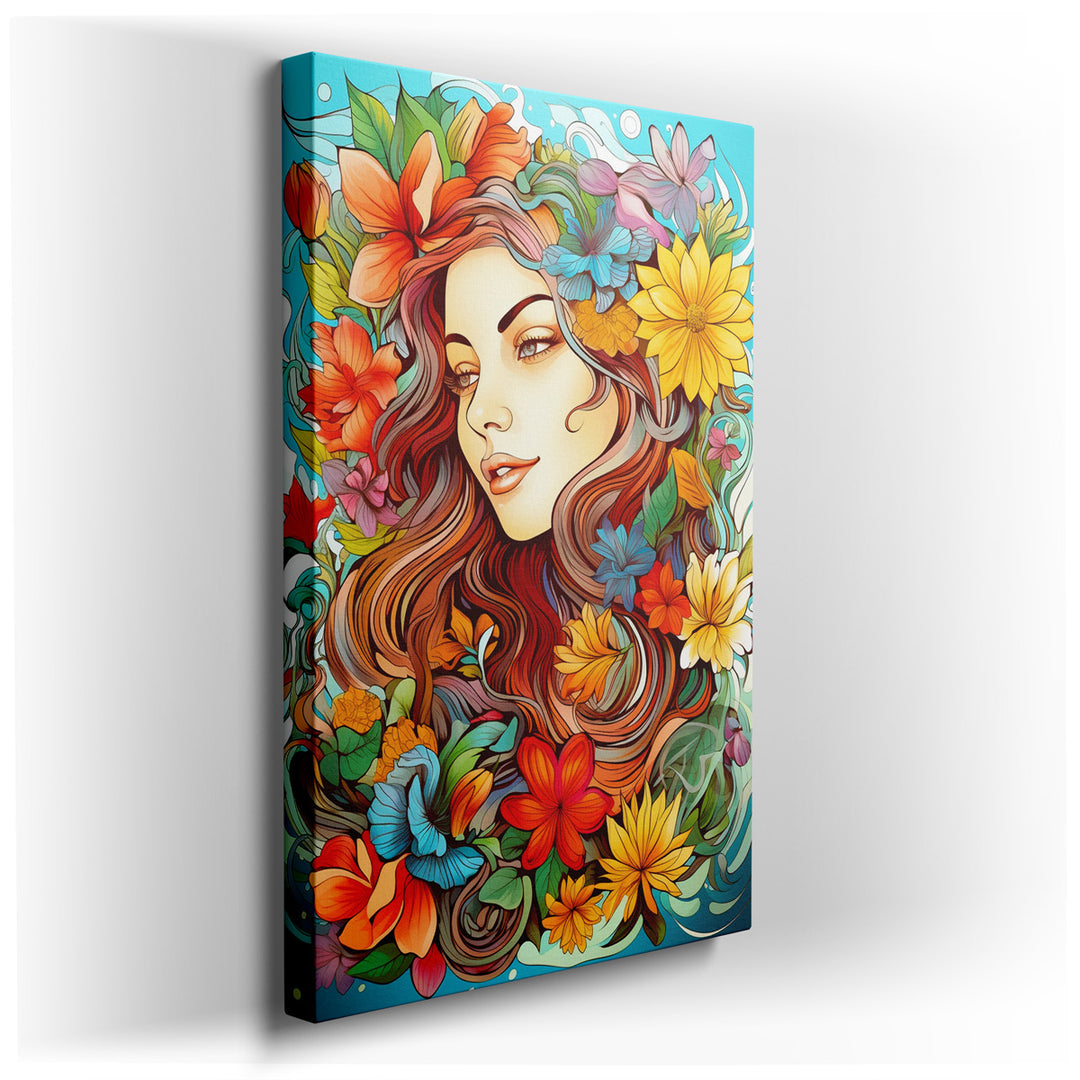 canvas print on wrapped canvas for wall decor – This wall art, a captivating portrait of a woman surrounded by a lush array of colorful flowers, is a masterpiece that c...
