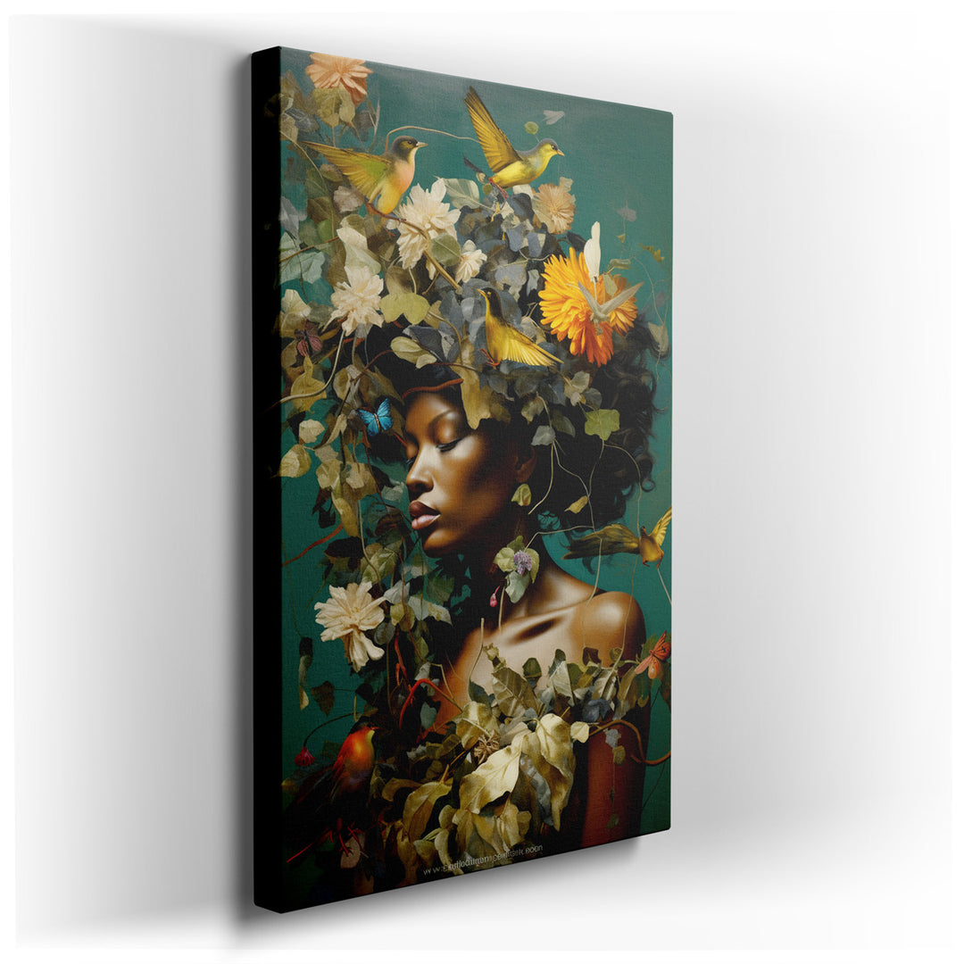 canvas print on wrapped canvas for wall decor – This exquisite wall art captures the essence of nature's splendor through the portrayal of a woman adorned with a vibran...