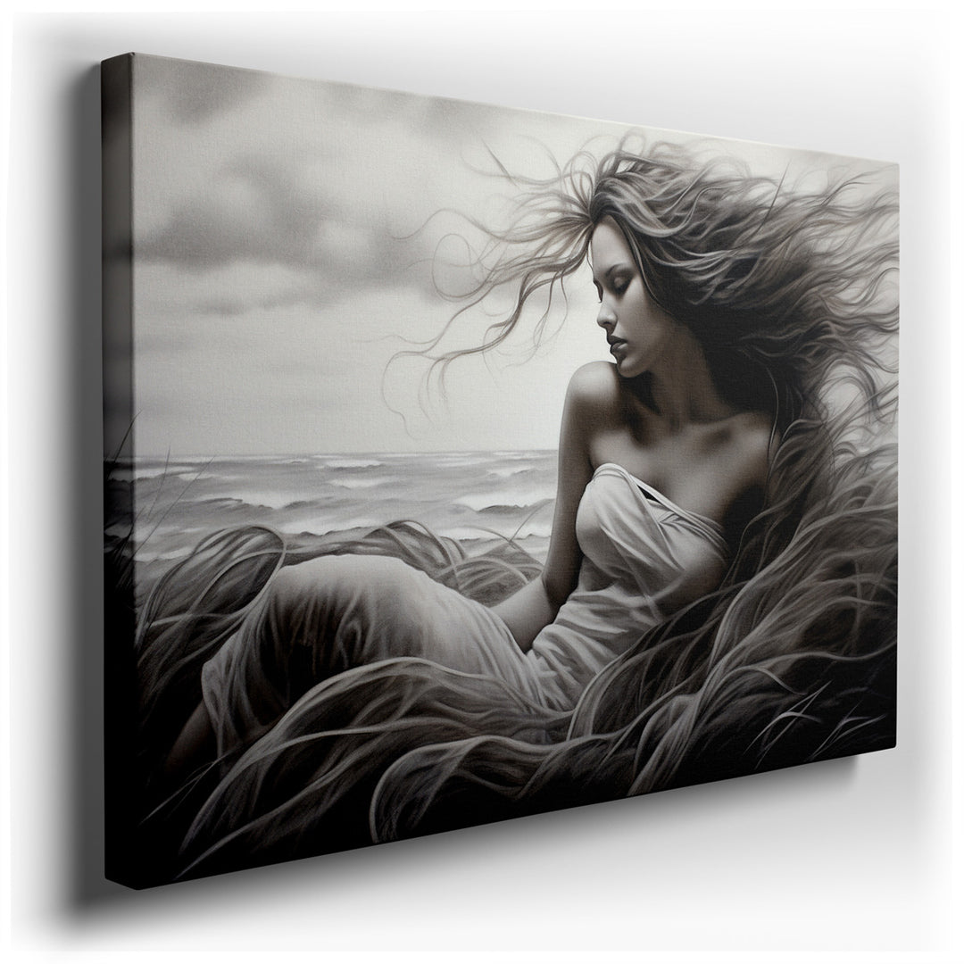 canvas print on wrapped canvas for wall decor – This enchanting wall art portrays a serene female figure, her presence almost ethereal, surrounded by a cascade of flowi...