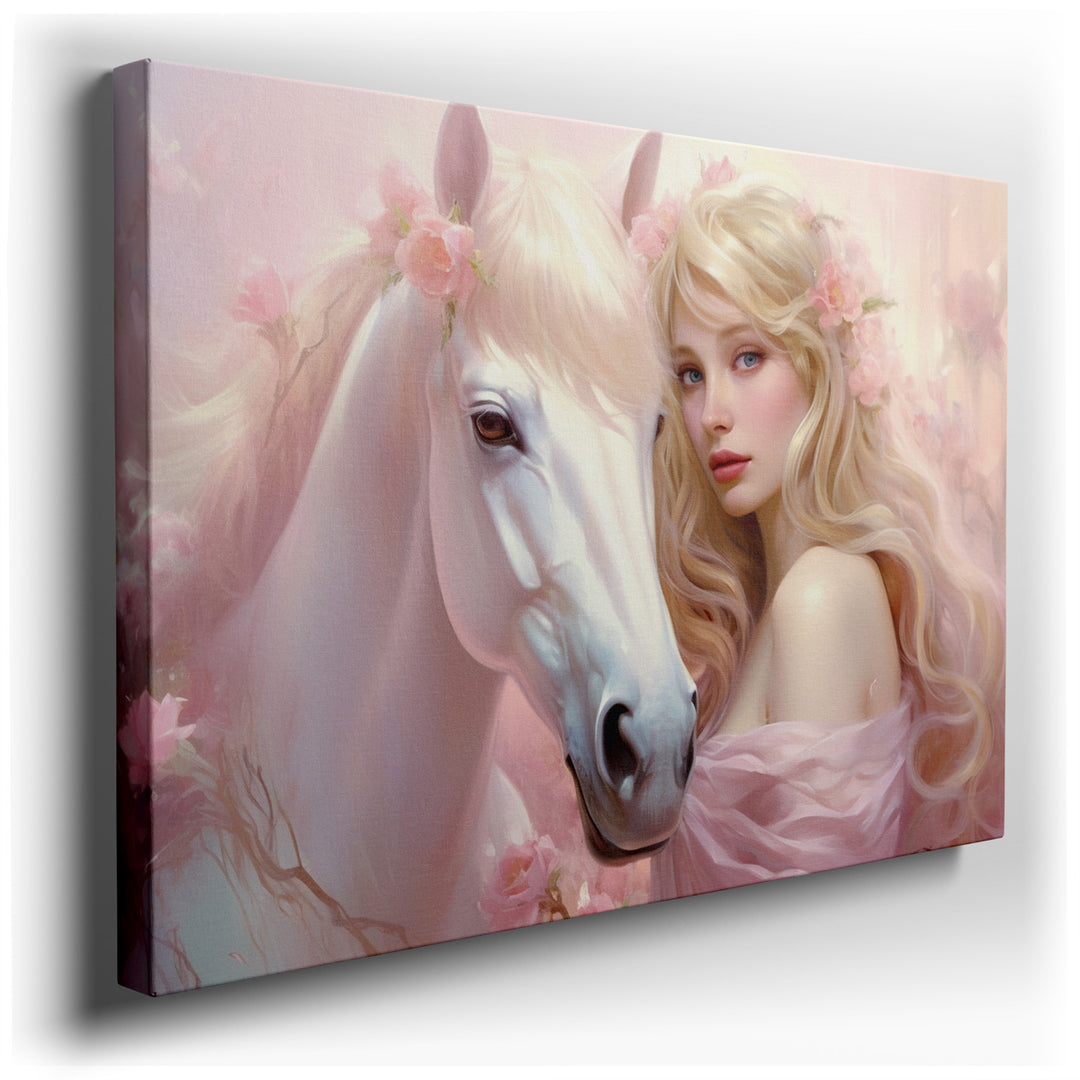 canvas print on wrapped canvas for wall decor – This enchanting wall art captures a serene moment shared between a beautiful woman and a majestic white horse, enveloped...