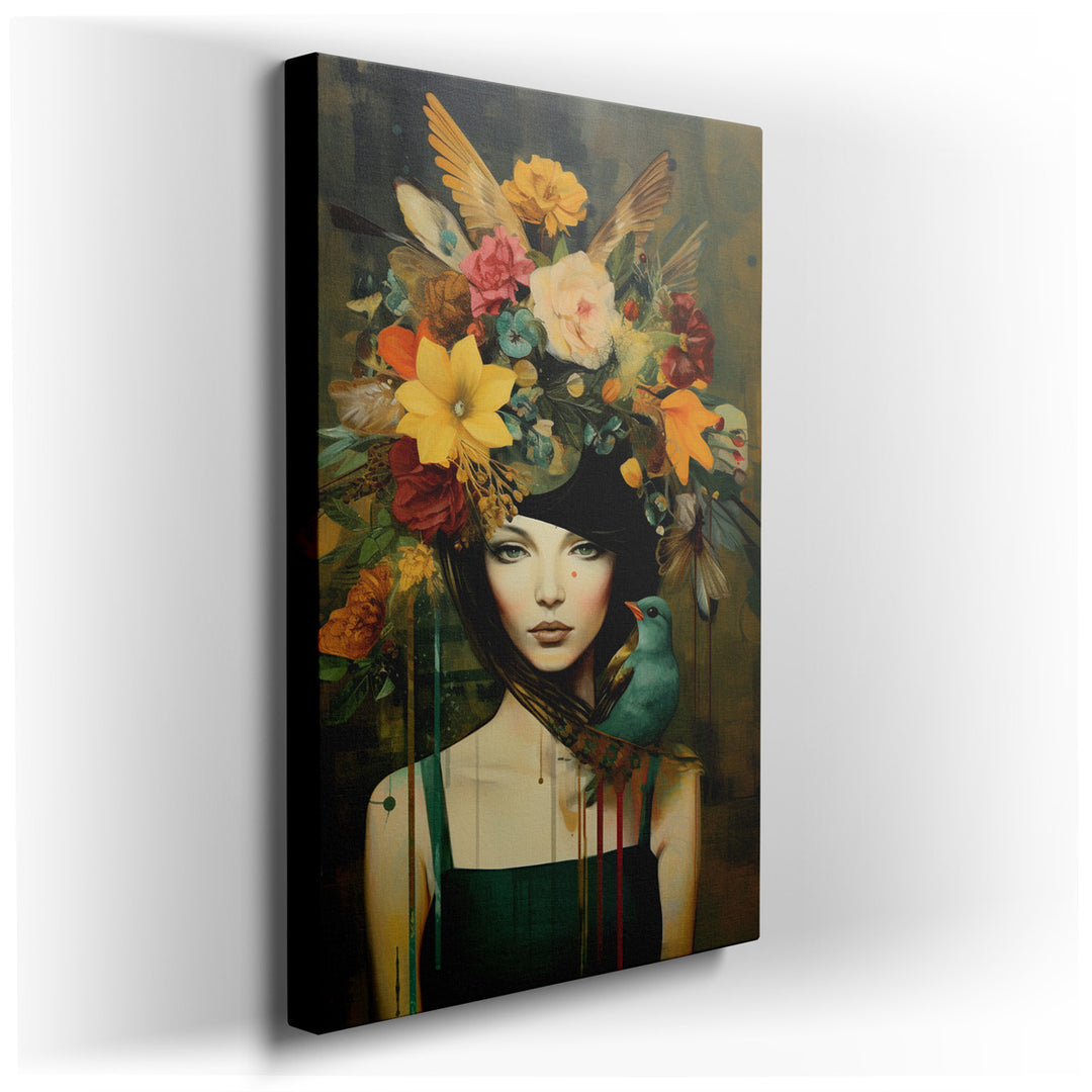 canvas print on wrapped canvas for wall decor – This enchanting wall art portrays a woman whose presence is both serene and striking, enveloped in the natural beauty of...