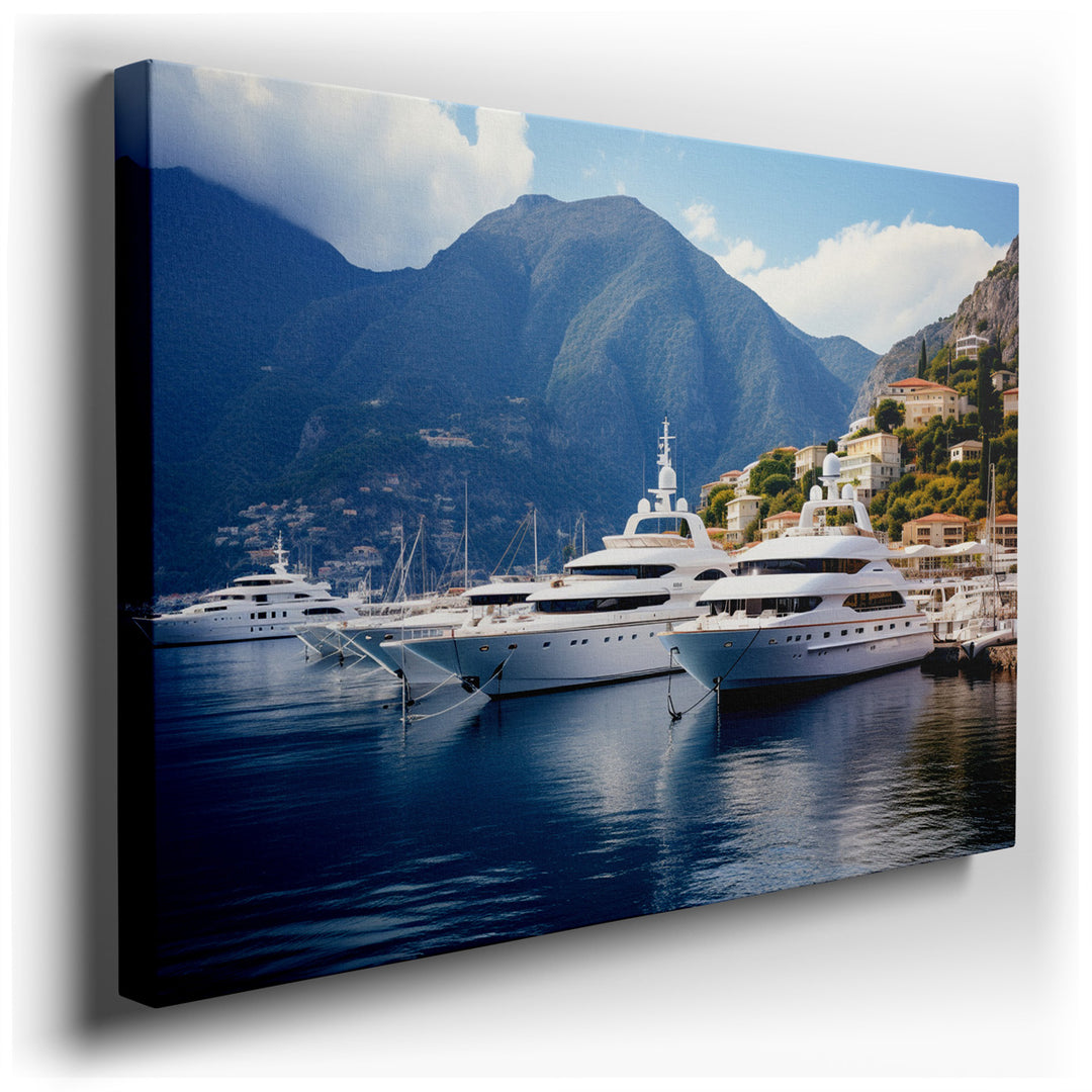 canvas print on wrapped canvas for wall decor – Imagine a wall art that captures the serene elegance of a yacht harbor, where luxury meets the tranquil embrace of natur...