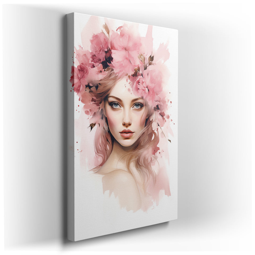 canvas print on wrapped canvas for wall decor – This exquisite wall art captures the ethereal beauty of a young woman, her visage canvas by a cascade of vibrant pink bl...