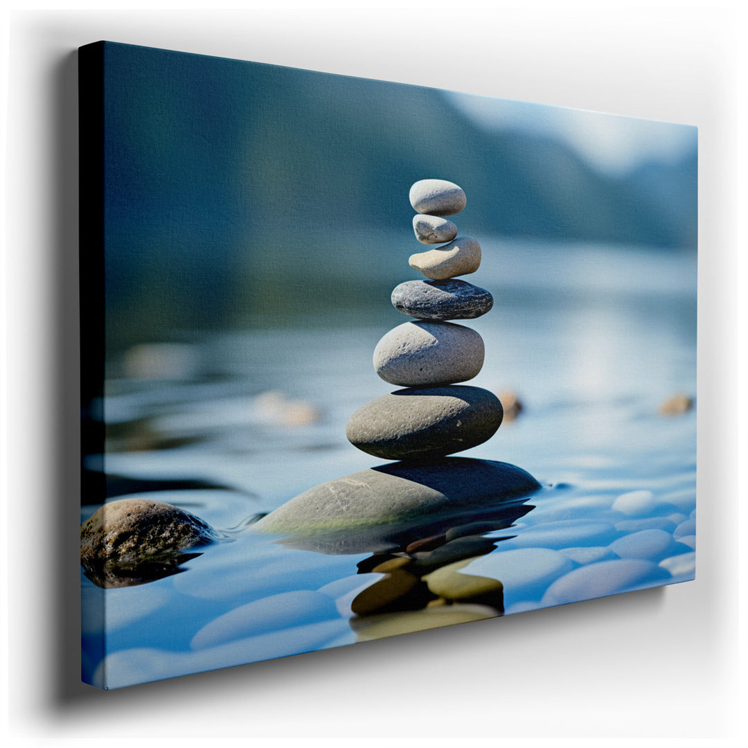 canvas print on wrapped canvas for wall decor – This wall art, a masterful depiction of serenity and balance, portrays a beautifully arranged stack of stones poised del...