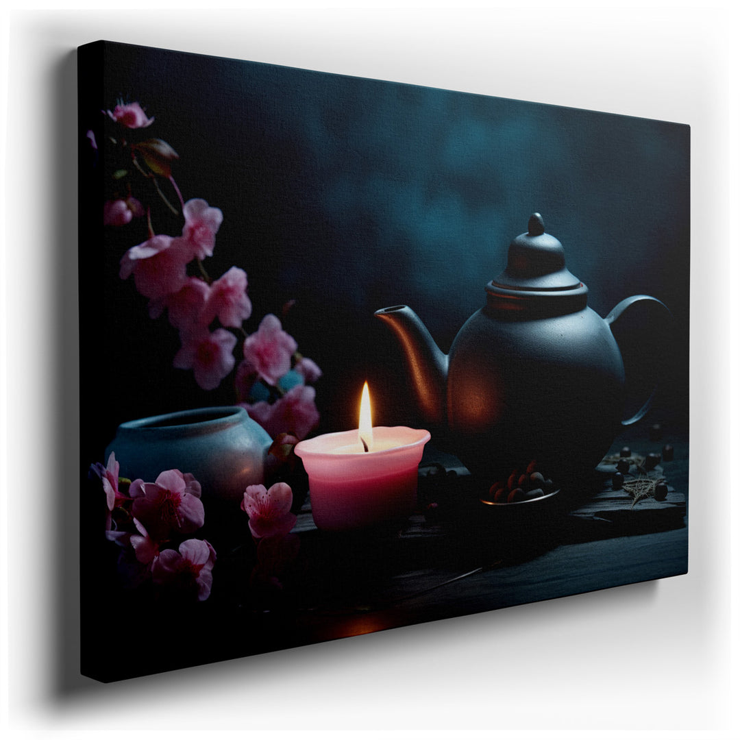 canvas print on wrapped canvas for wall decor – This exquisite wall art captures the serene beauty of a simple still life arrangement, featuring an elegant black teapot...