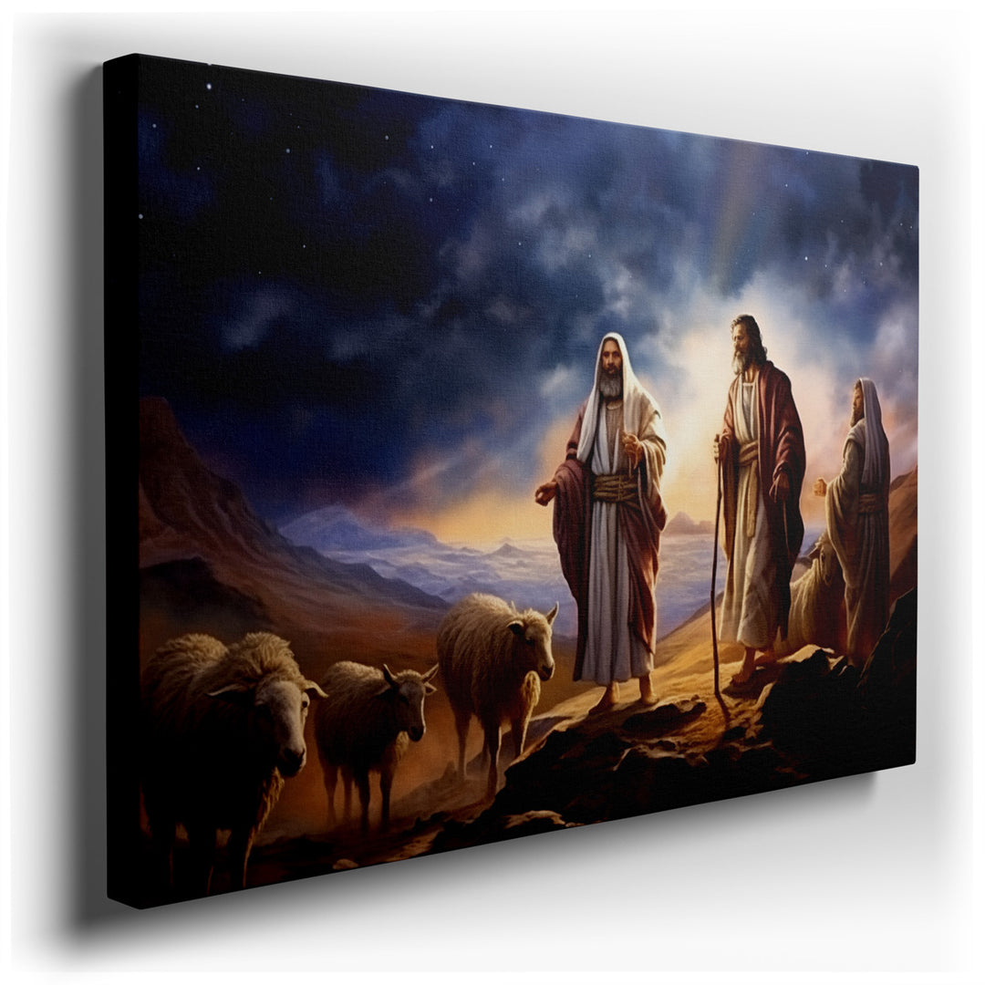 canvas print on wrapped canvas for wall decor – This wall art, a masterful depiction of serenity and guidance, portrays a tranquil landscape where two figures, accompan...