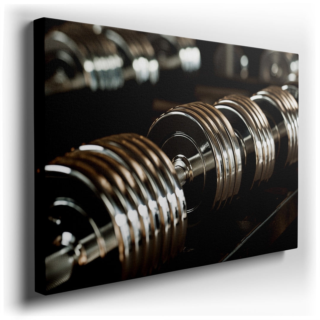 canvas print on wrapped canvas for wall decor – The wall art captures a meticulously arranged array of polished, shiny dumbbells resting on a weight rack, each reflecti...