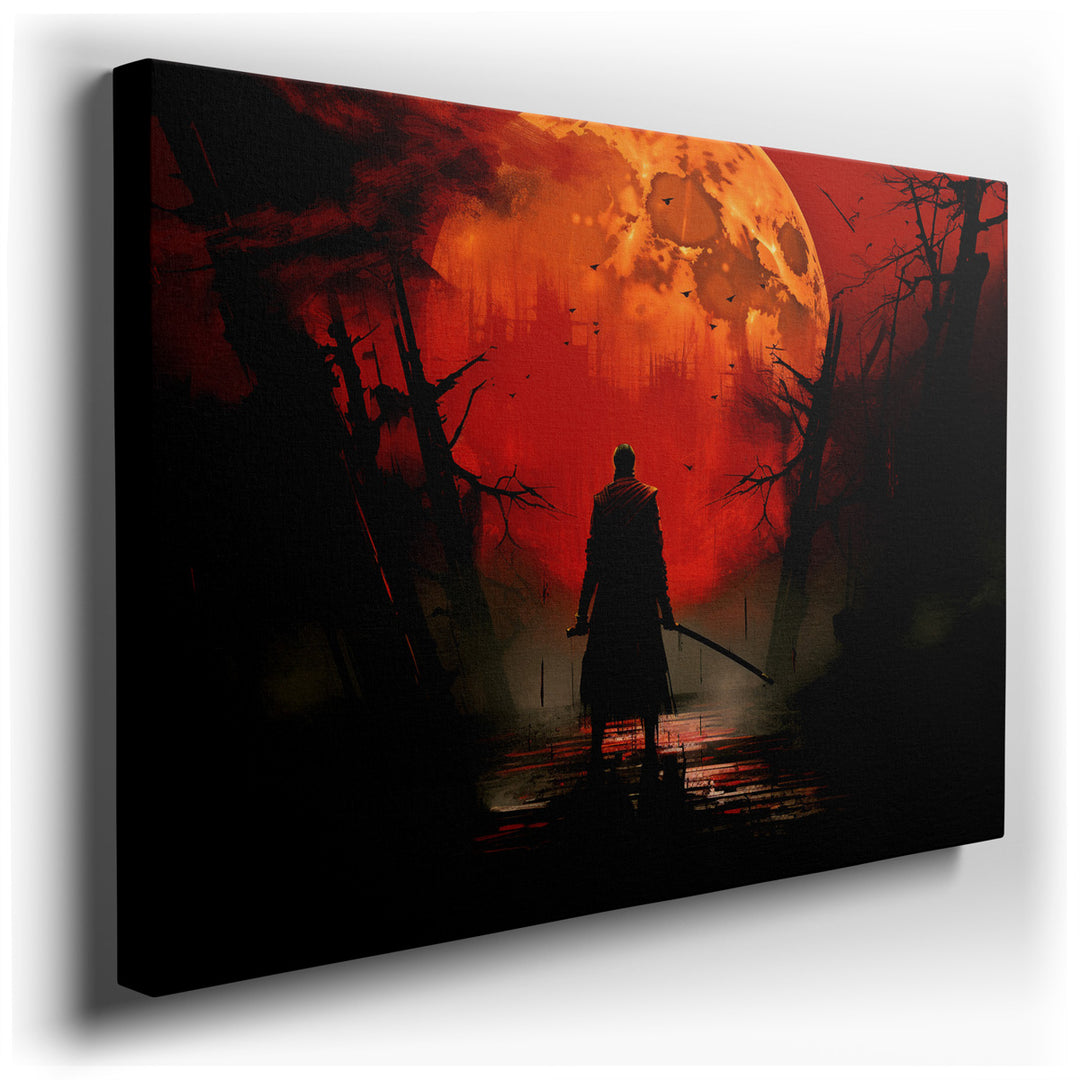 canvas print on wrapped canvas for wall decor – This wall art, a captivating piece of art, presents a solitary figure silhouetted against a strikingly vivid red moon, c...