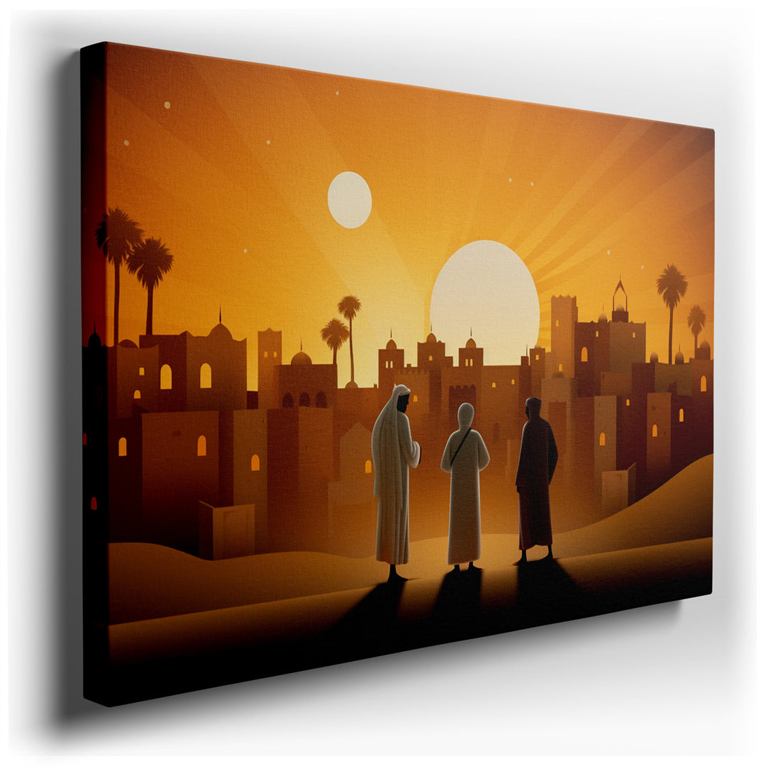 canvas print on wrapped canvas for wall decor – This captivating wall art masterfully portrays a scene of three silhouetted figures standing atop a gentle rise, overloo...