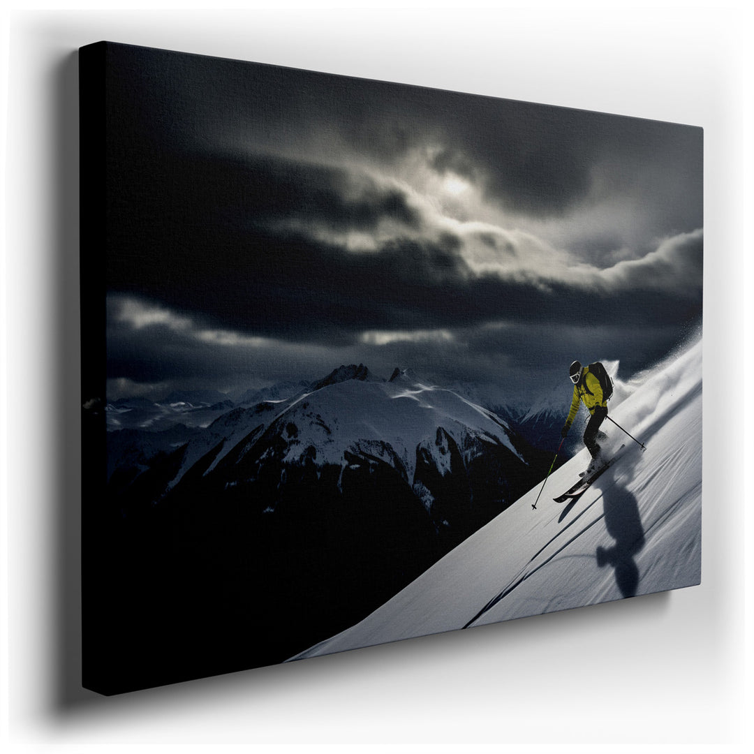 canvas print on wrapped canvas for wall decor – This wall art captures the exhilarating essence of skiing, portraying a skier in fluid motion as they carve through pris...