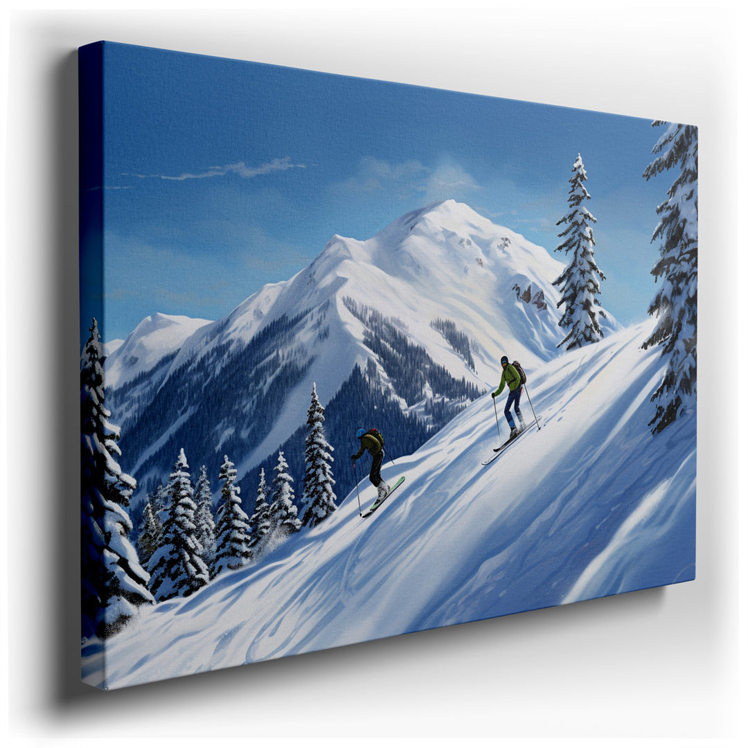 canvas print on wrapped canvas for wall decor – This enchanting wall art captures the essence of a perfect winter day, where skiers gracefully glide down a pristine, sn...