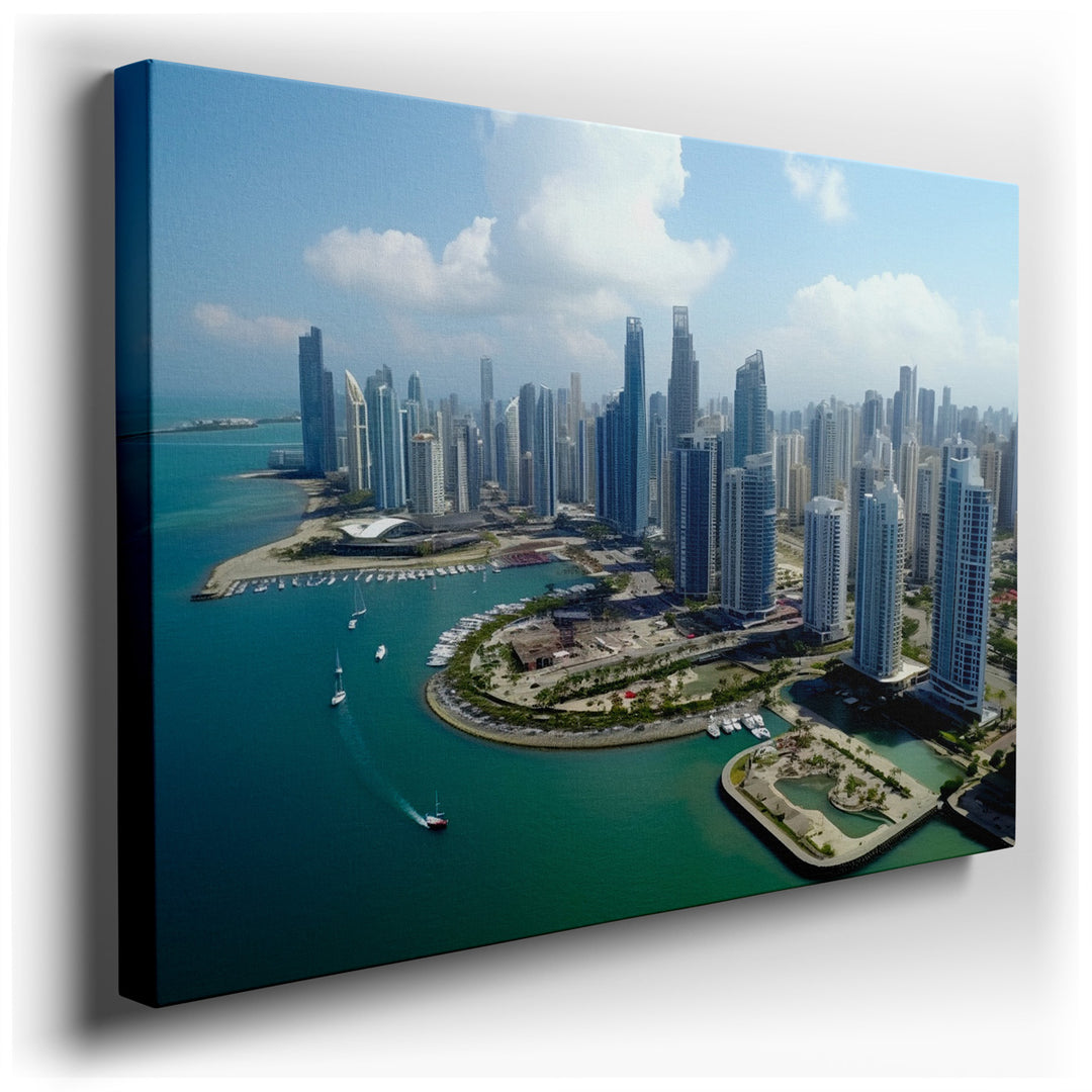 canvas print on wrapped canvas for wall decor – This wall art captures a breathtaking aerial view of a modern city skyline, a testament to architectural brilliance and...