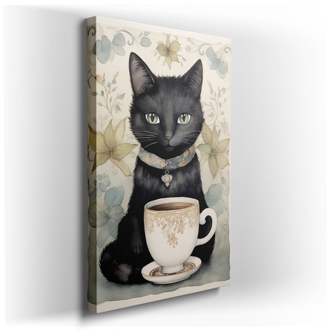 canvas print on wrapped canvas for wall decor – This wall art, a captivating portrayal of a black cat alongside an ornately designed cup, is a masterpiece of elegance a...