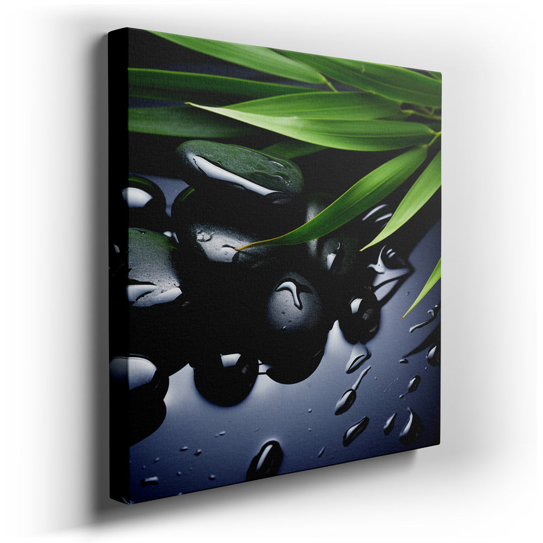 canvas print on wrapped canvas for wall decor – This wall art, a masterful depiction of polished black stones adorned with glossy water droplets and fresh green leaves,...