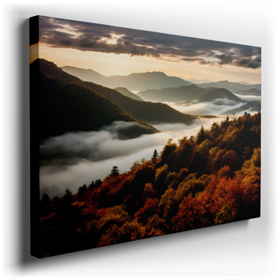 canvas print on wrapped canvas for wall decor – The wall art captures a breathtaking scene of the Smoky Mountains at the break of dawn, a moment when nature whispers it...