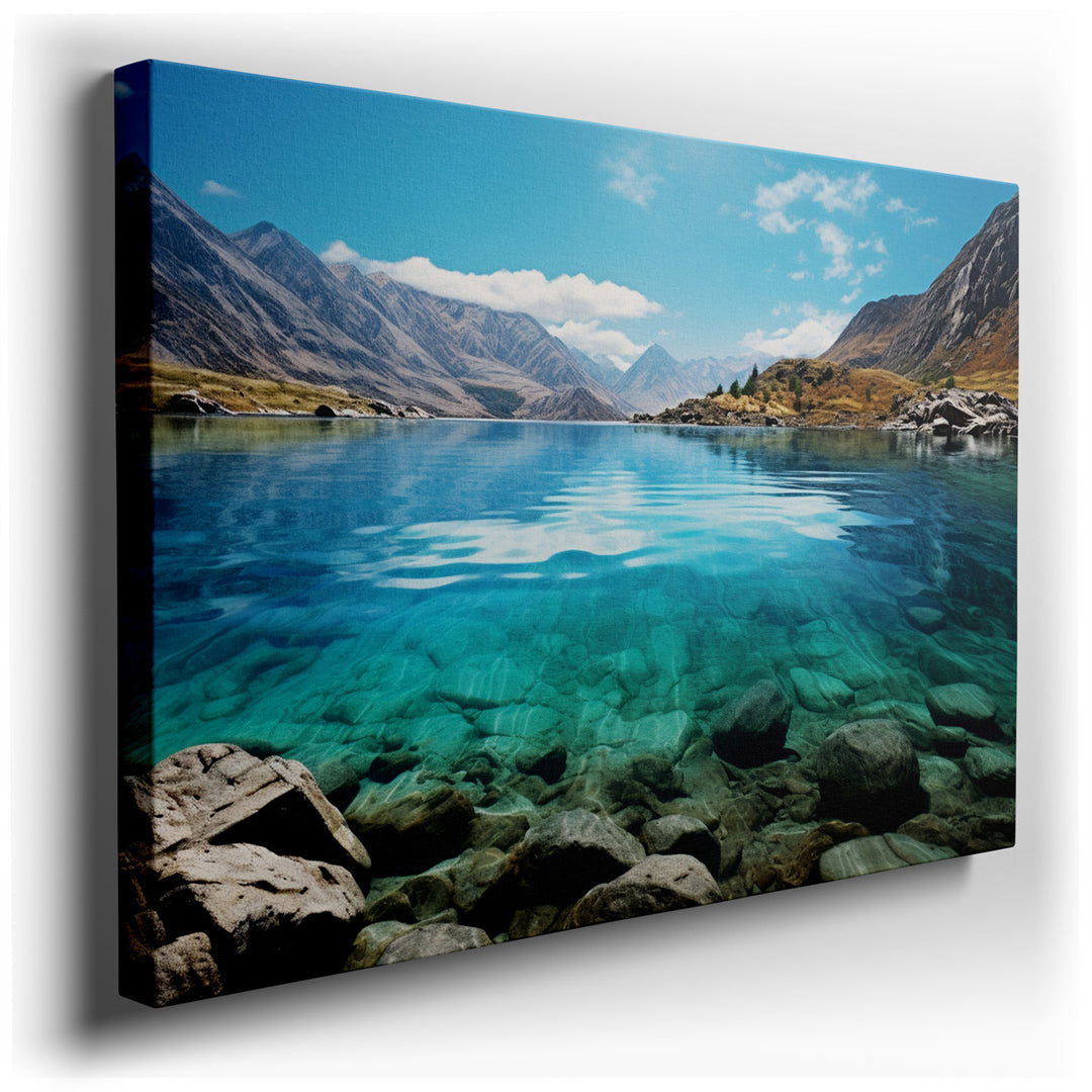 canvas print on wrapped canvas for wall decor – The wall art captures a majestic view of a serene lake, its crystal-clear waters mirroring the grandeur of the encirclin...