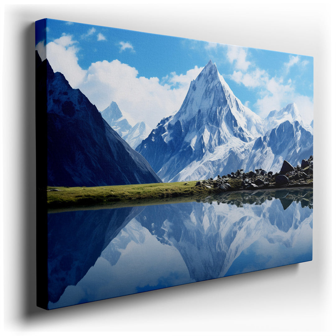 canvas print on wrapped canvas for wall decor – This wall art, a mesmerizing depiction of nature's serene beauty, portrays a breathtaking landscape where snow-capped mo...