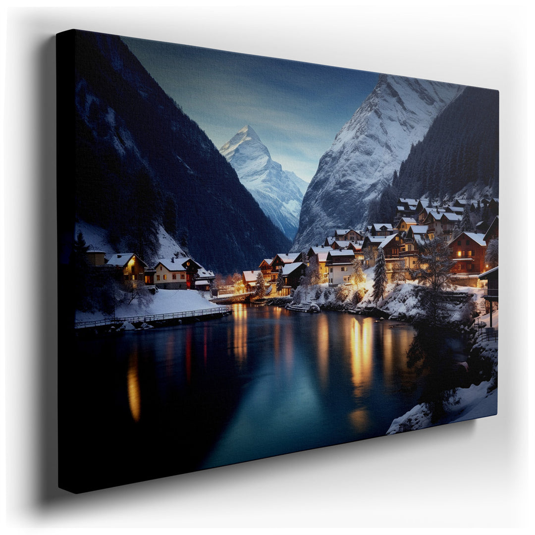 canvas print on wrapped canvas for wall decor – This wall art, a breathtaking depiction of a twilight landscape, masterfully captures the essence of a serene winter eve...