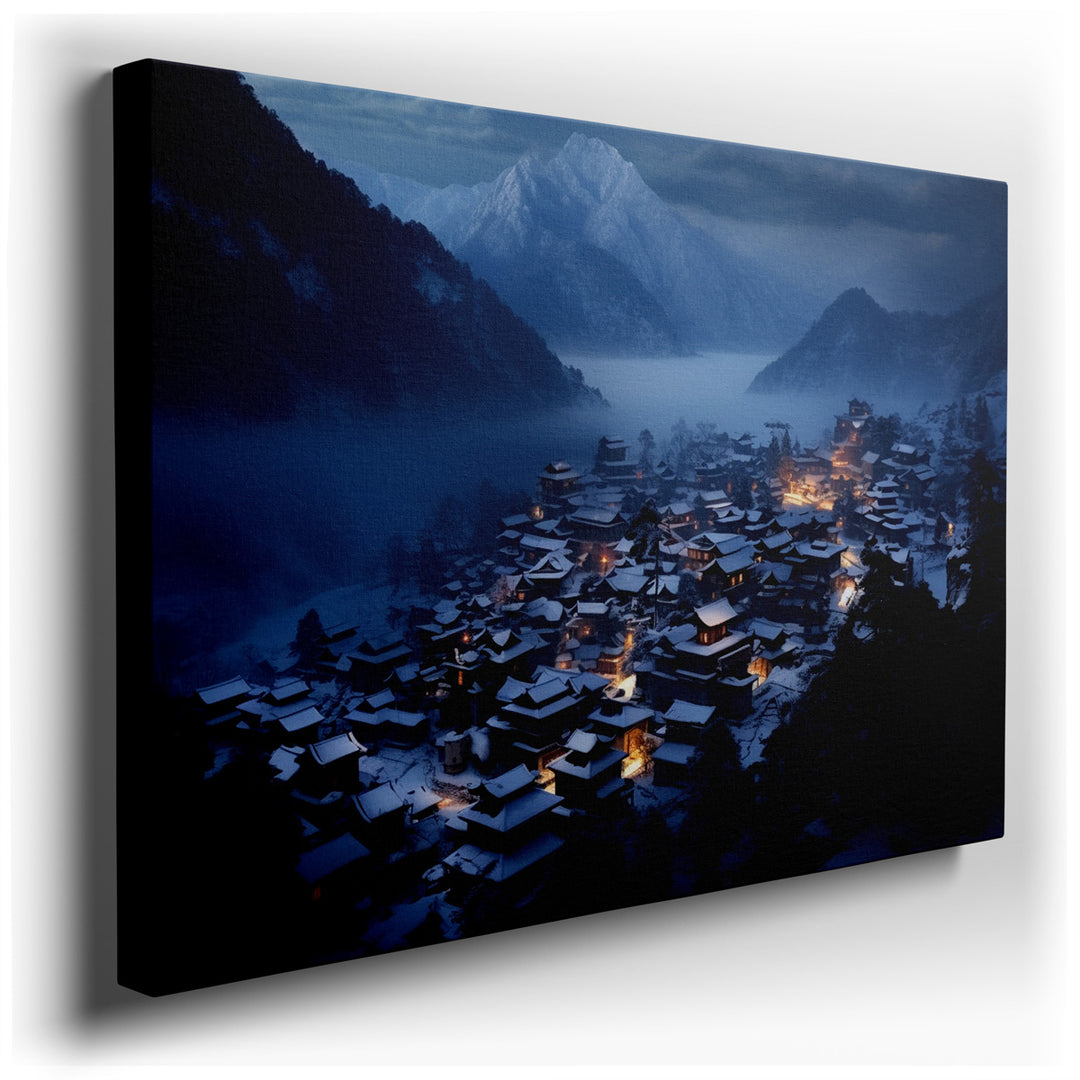 canvas print on wrapped canvas for wall decor – This enchanting wall art captures the essence of a serene mountain village enveloped in a pristine blanket of snow, crea...