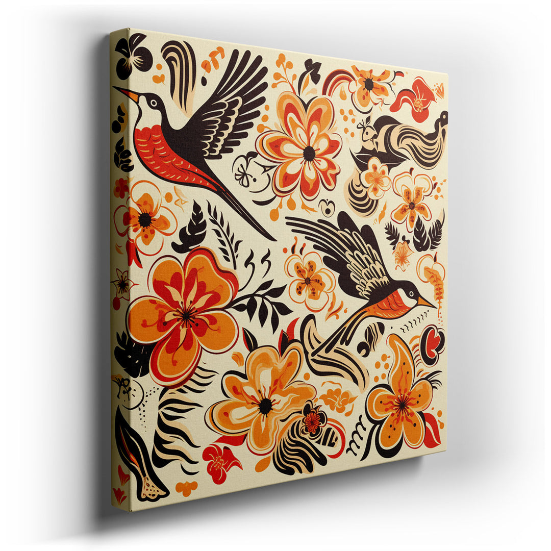 canvas print on wrapped canvas for wall decor – This wall art, a captivating composition of stylized birds in flight encircled by bold floral designs, is a masterpiece...