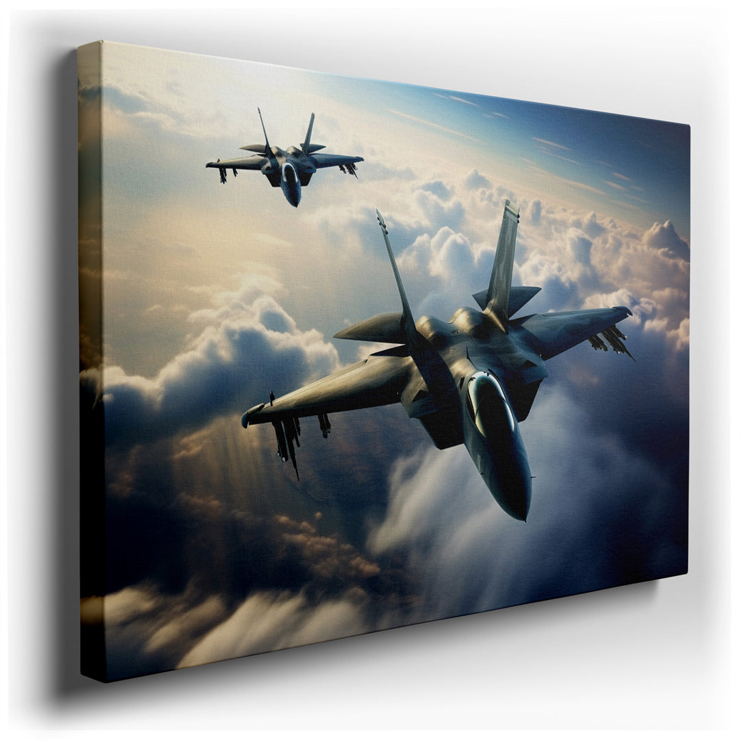 canvas print on wrapped canvas for wall decor – This wall art, a vivid and exhilarating depiction of military jets slicing through a serene yet dynamic cloudscape, is a...