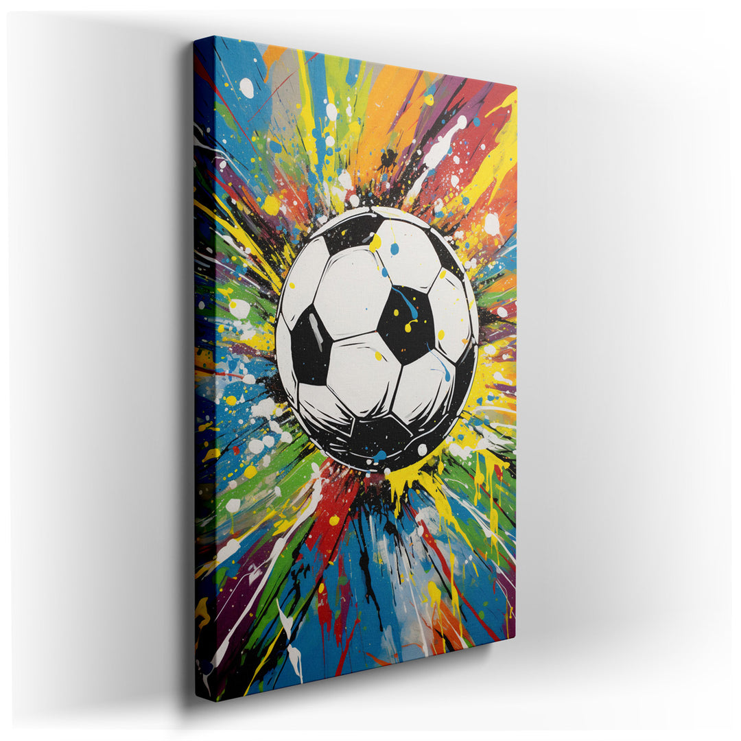 canvas print on wrapped canvas for wall decor – This wall art is a vivid and dynamic representation of a soccer ball in motion, encapsulated within a vibrant explosion...
