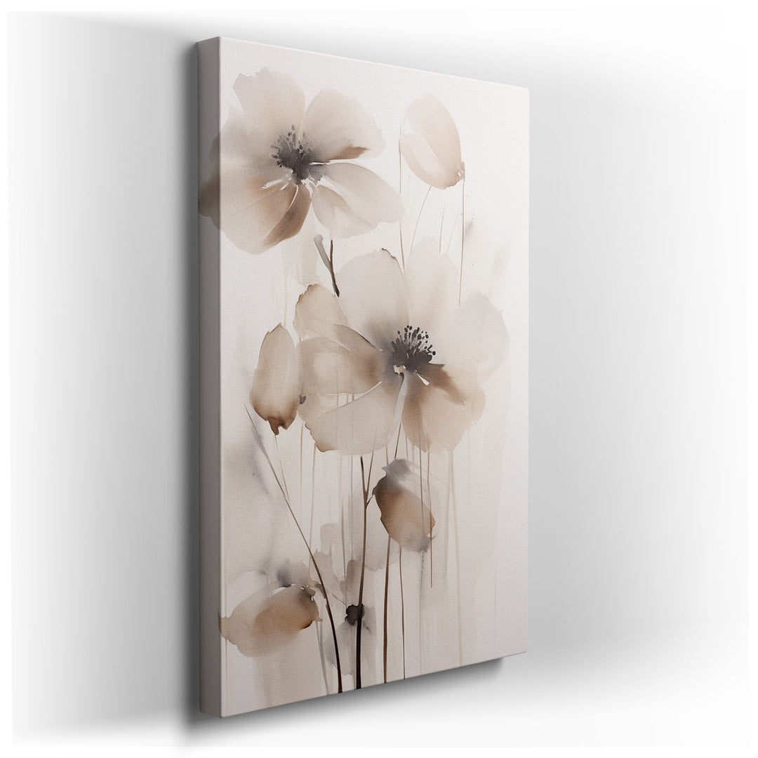 canvas print on wrapped canvas for wall decor – This exquisite watercolor wall art, a masterful depiction of elegant blooms in soft beige hues, is a testament to the de...