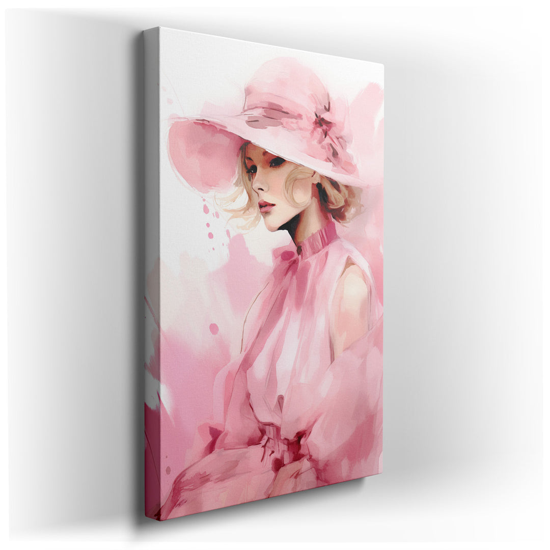 canvas print on wrapped canvas for wall decor – This enchanting wall art portrays a stylish woman clad in a soft pink dress complemented by a matching hat, embodying an...