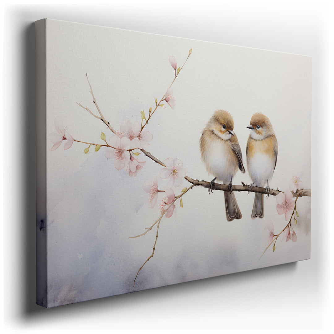 canvas print on wrapped canvas for wall decor – This enchanting wall art portrays a tender scene of two birds nestled together on a blossoming branch, enveloped by a pa...