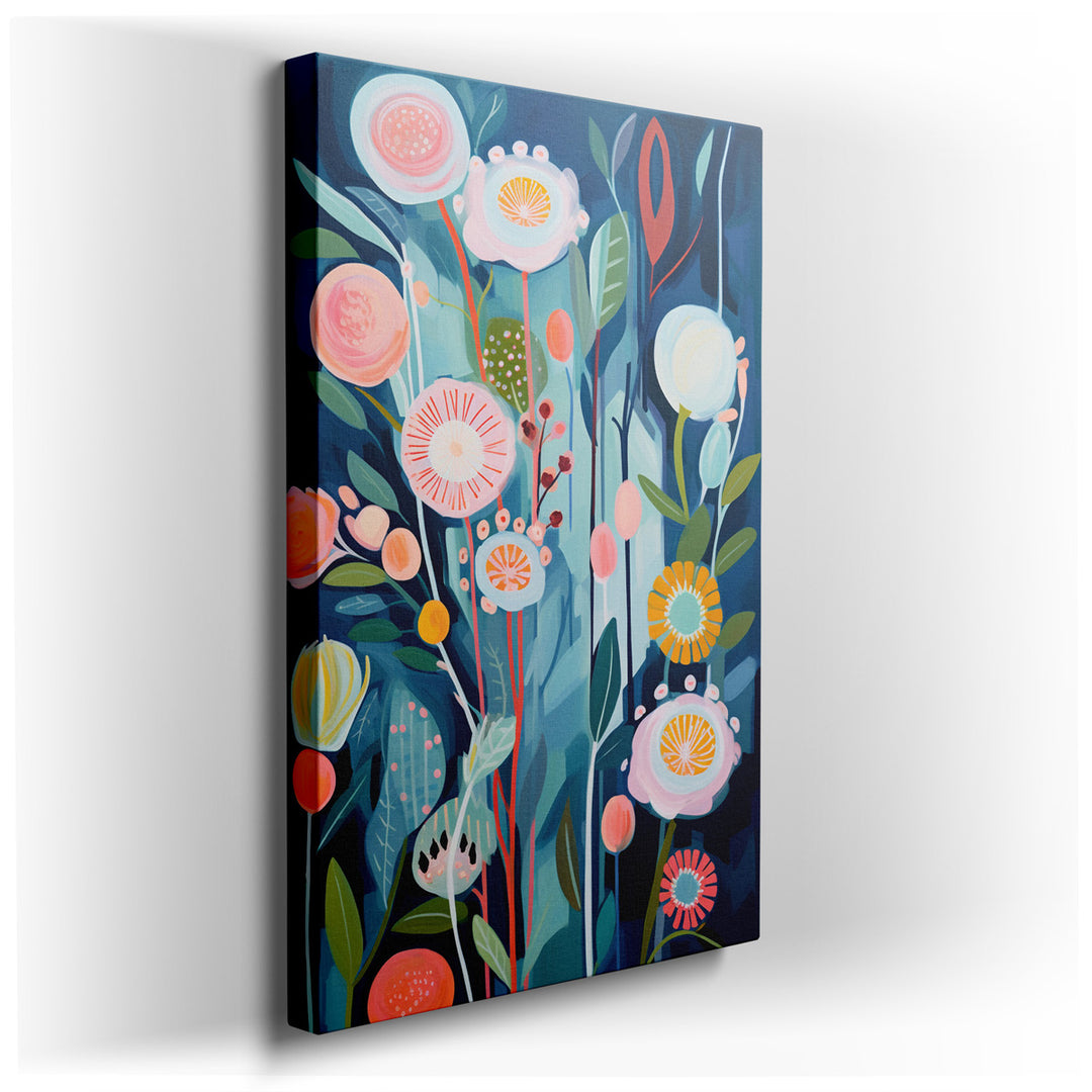 canvas print on wrapped canvas for wall decor – This enchanting wall art, a delightful arrangement of blossoms in soft pastel tones, exudes a whimsical artistic style t...