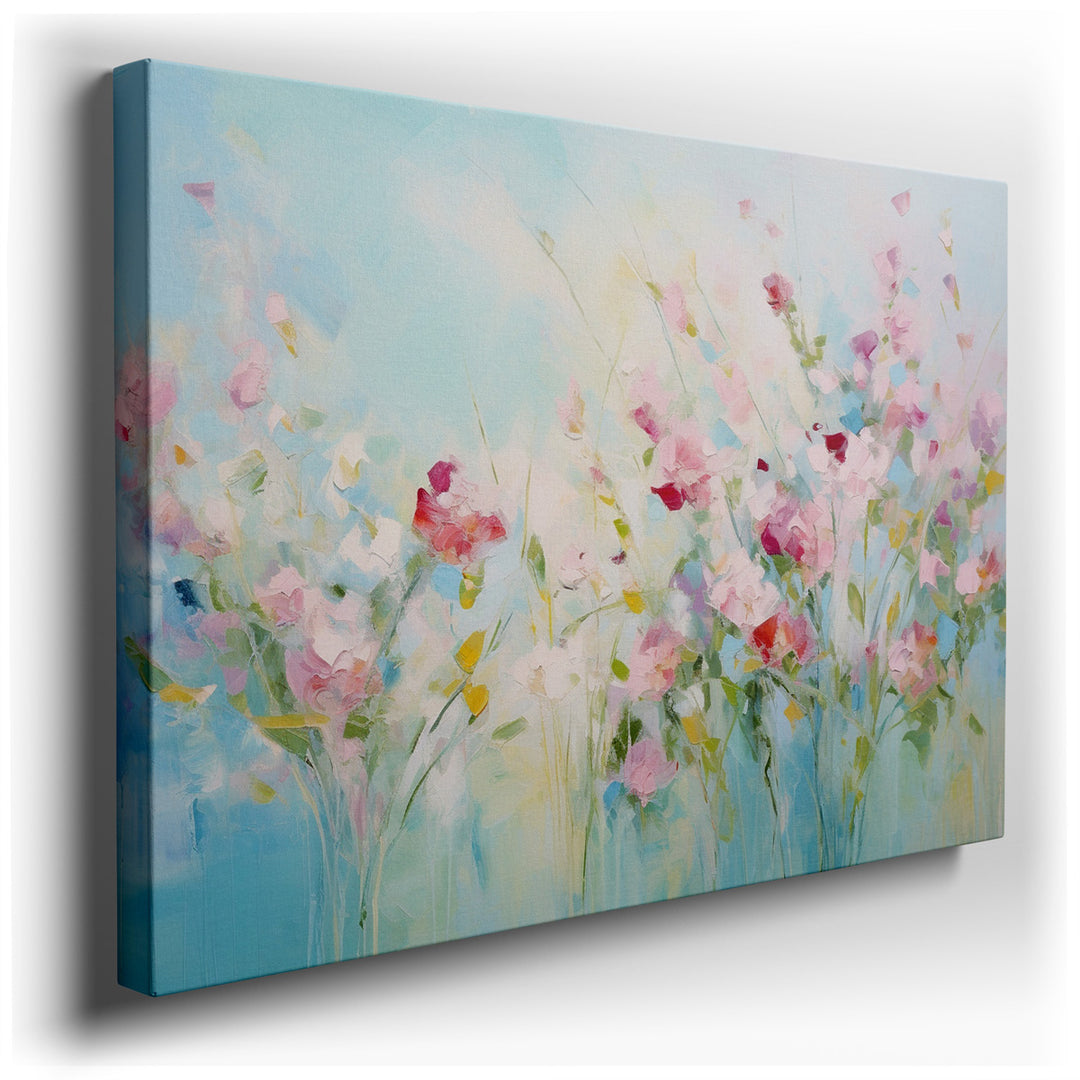 canvas print on wrapped canvas for wall decor – This exquisite wall art, a masterful composition of flowers rendered in soft, ethereal hues, offers a dreamlike ambiance...