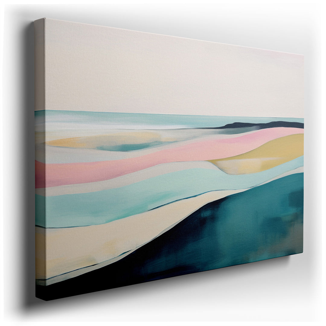 canvas print on wrapped canvas for wall decor – This exquisite wall art captures the essence of a tranquil beach landscape, masterfully rendered in soft pastel colors t...