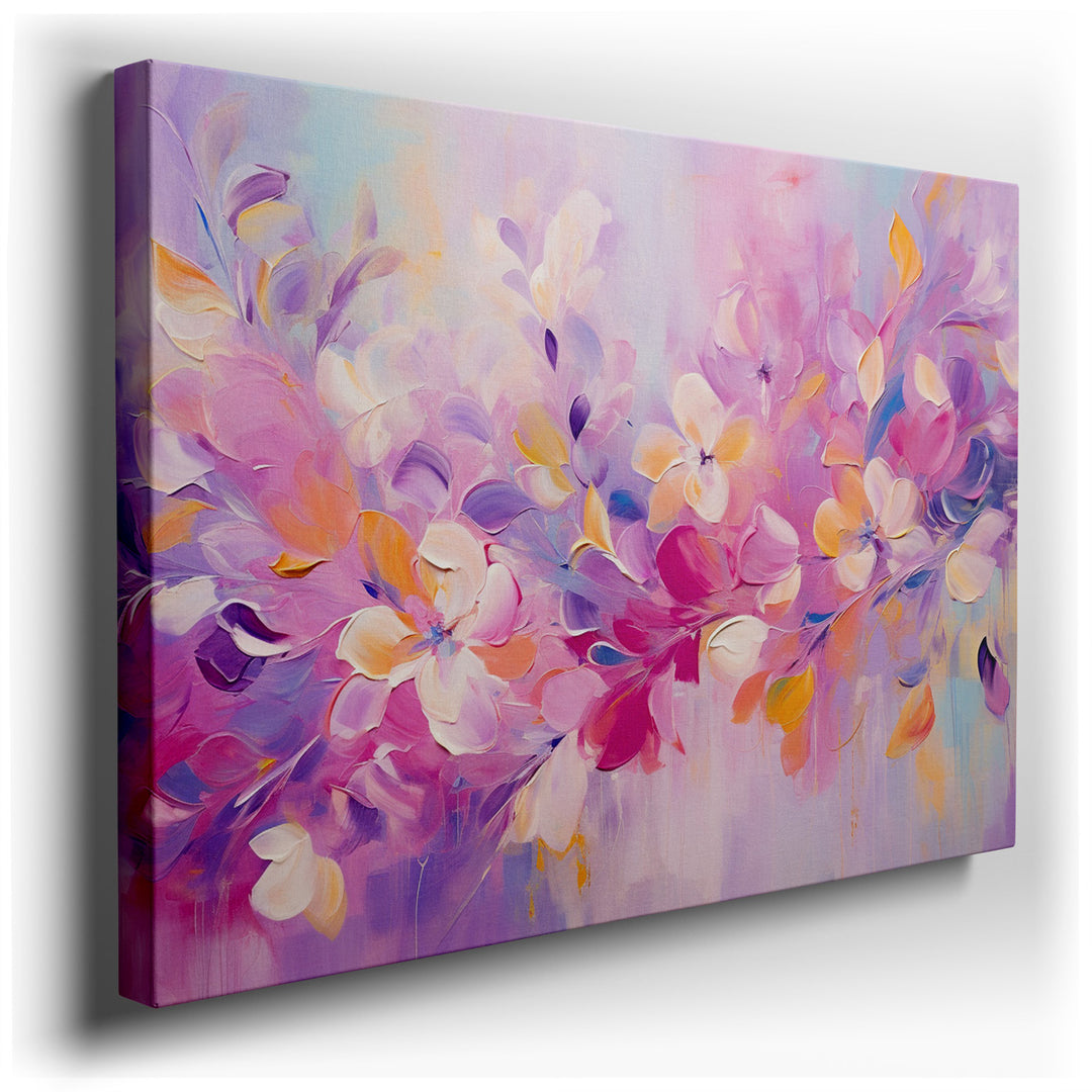 canvas print on wrapped canvas for wall decor – This enchanting wall art, a masterful composition of delicate blossoms in soft pink and purple tones, is a true testamen...