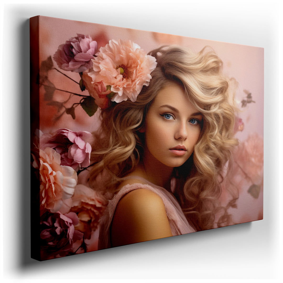 canvas print on wrapped canvas for wall decor – This exquisite wall art captures the serene and enchanting presence of a young woman, enveloped in a delicate array of s...
