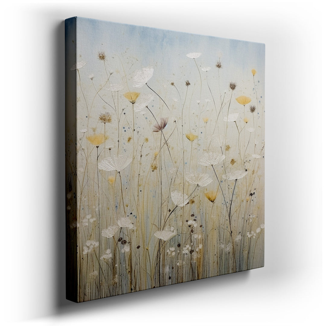 canvas print on wrapped canvas for wall decor – This exquisite wall art, a masterful composition of soft pastel wildflowers, offers a visual retreat into the tranquilit...