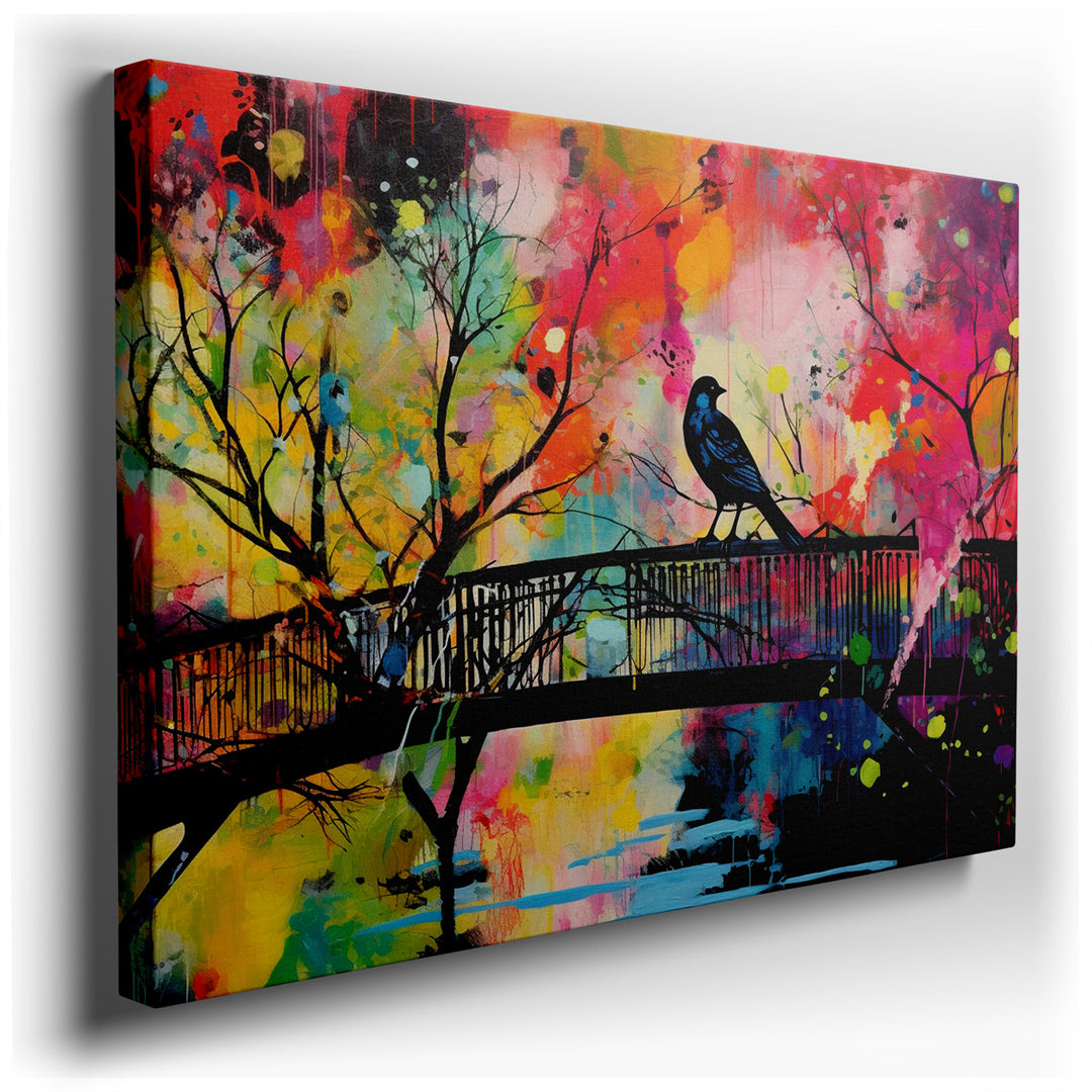 canvas print on wrapped canvas for wall decor – This wall art, a captivating portrayal of a solitary bird perched on a bridge, is a masterpiece of contrast and emotion,...