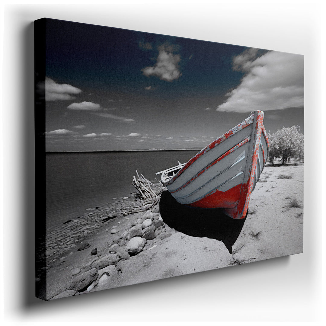 canvas print on wrapped canvas for wall decor – This wall art captures a scene of serene abandonment and quiet reflection, featuring a solitary fishing boat resting on...