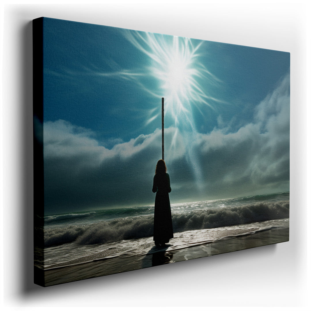 canvas print on wrapped canvas for wall decor – This captivating wall art portrays a solitary figure silhouetted against a vast, expansive beach, creating a powerful im...