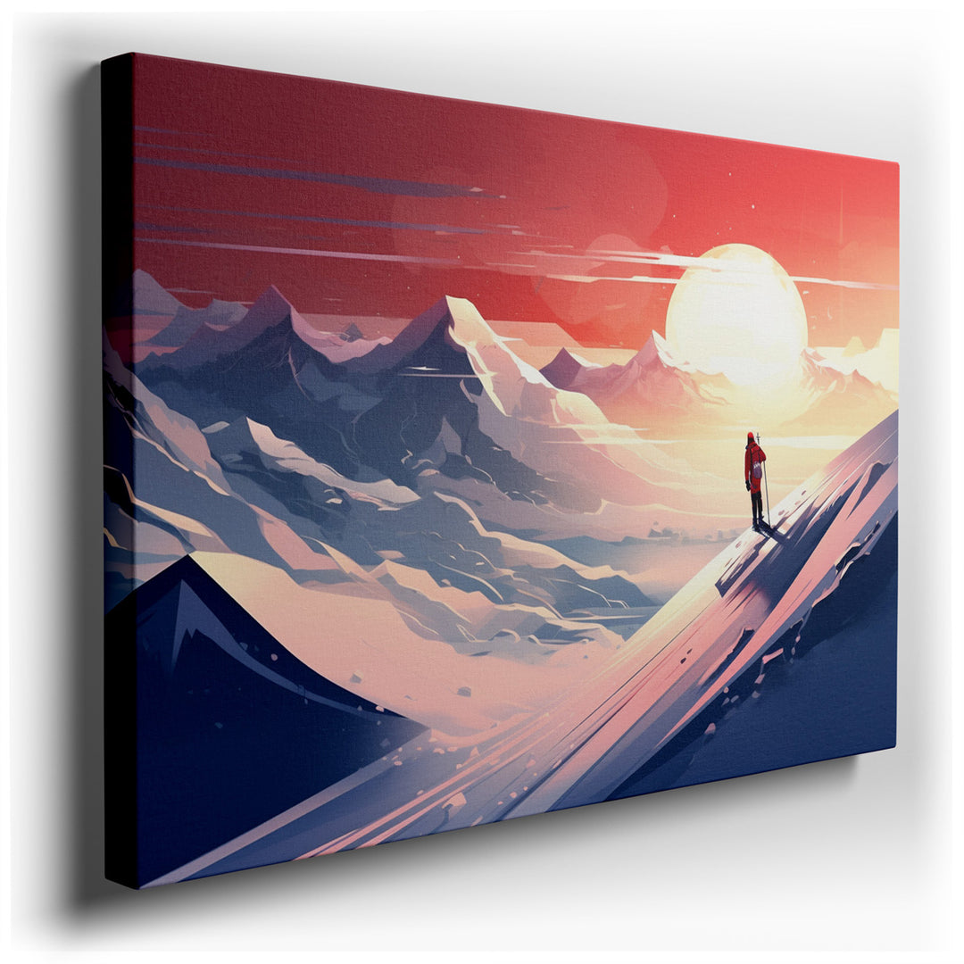 canvas print on wrapped canvas for wall decor – This wall art, a stunning portrayal of a solitary hiker atop a snowy slope, is a masterpiece that encapsulates the spiri...
