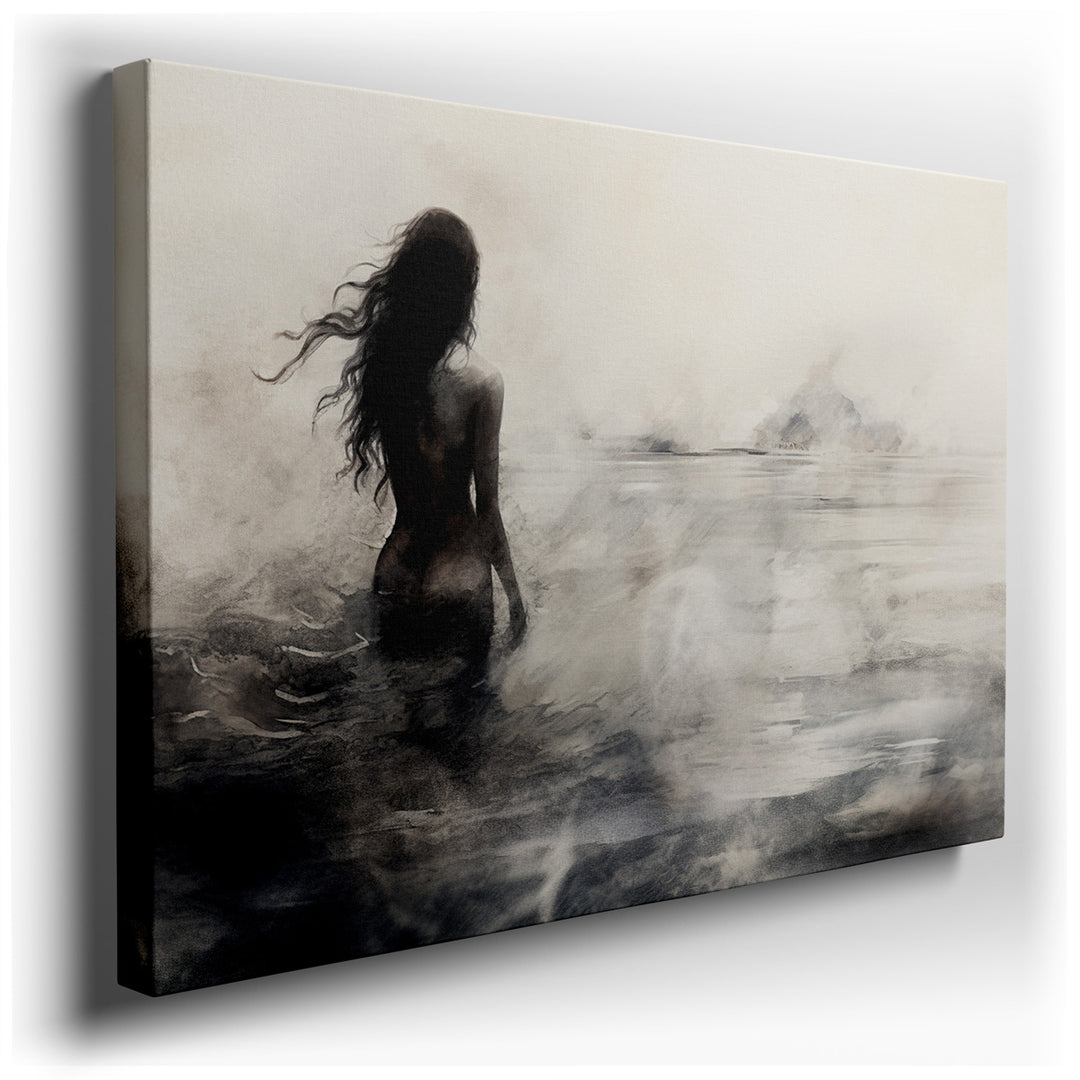 canvas print on wrapped canvas for wall decor – The wall art captures a solitary silhouette, a lone figure wading through misty waters, enveloped in a serene yet haunti...