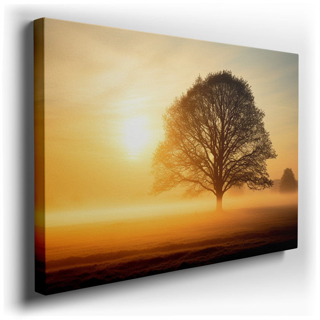 canvas print on wrapped canvas for wall decor – This wall art, a masterful depiction of nature's quiet majesty, portrays a solitary tree standing resolute against the b...