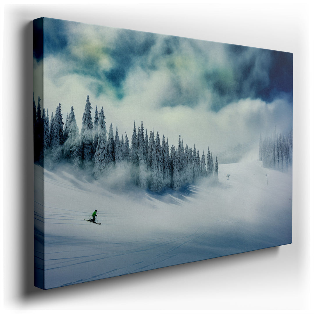 canvas print on wrapped canvas for wall decor – The wall art captures a solo skier, a figure of grace and agility, as they carve a solitary path through a vast, untouch...