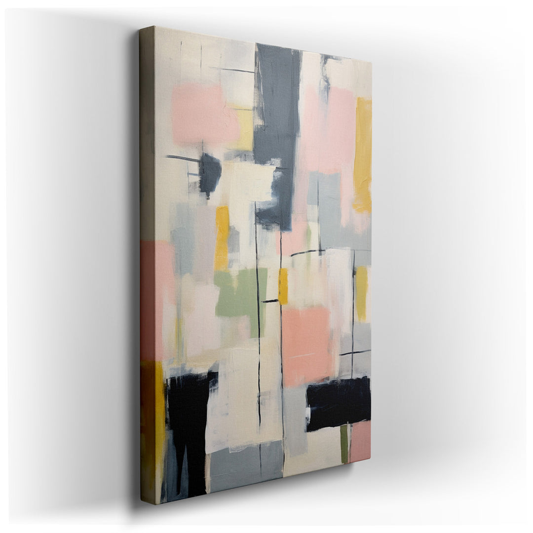 canvas print on wrapped canvas for wall decor – This captivating wall art is a masterful blend of geometric shapes and a soothing pastel palette, striking a perfect bal...